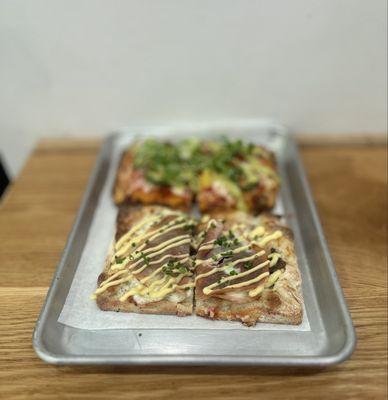 Japanese Slice: Sautéed mushrooms, mozzarella, bonito flakes, sliced porchetta, miso kewpie sauce and chopped chives | $8