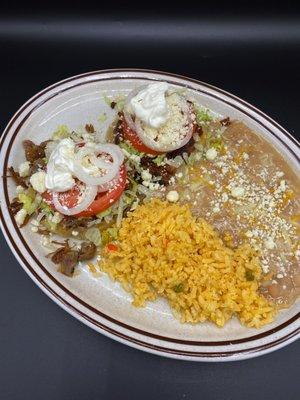 Sopes plate. Real homemade sopes. Available in Chicken, Beef, Asada, Carnitas, Al Pastor, and Chorizo.