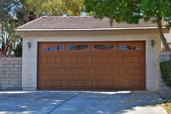 Long panel design door, Golden Oak wood grain color with Full Sunray window design