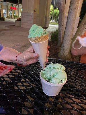 Pistachio ice cream in the cone, mint chocolate chip in the cup