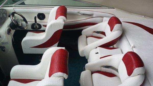 Custom made boat interior with faux alligator vinyl