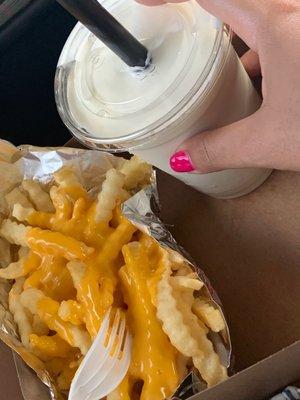 Cheese fries & a vanilla milkshake