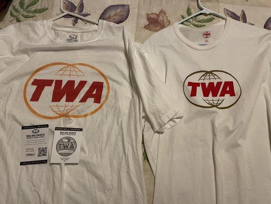 Malibu t-shirt on left. Other branded t-shirt purchased at TWA hotel at JFK on right.