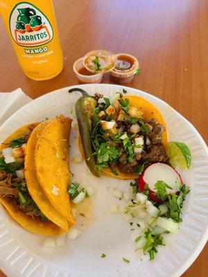 1 De Birria, 1 Asada taco, served with a  Serrano pepper and Roja sauce...my go to place for fresh Mexican