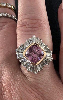 2.44kt custom cut (precision gem) Mahenge Garnet rose gold bezel set with ballerina style baguette diamonds in white gold