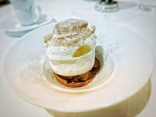 Frozen Chocolate Souffle with Hazelnut Crunch, Chocolate Pearls, and Chocolate Cremieux