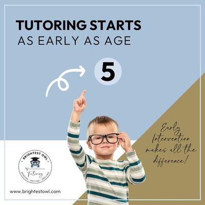 Student pointing to "tutoring starts as early as age 5". Get started with reading tutoring at www.brightestowl.com