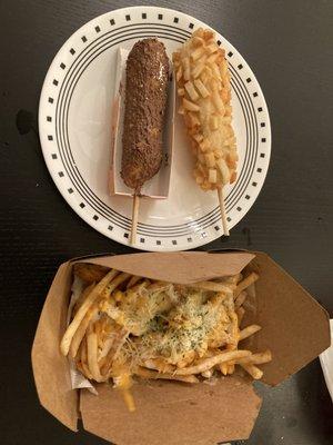 chocolate corn dog, potato (french fry) corn dog, and "poutine"