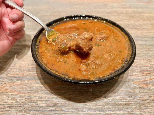 Lamb Curry. Cuts are beautifully tender, but a few were a little on the dry side. Their deeply flavorful curry sauce is spicy.