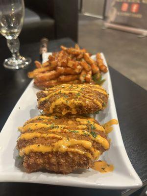 Devil crab patties absolutely delicious with sweet potato fries