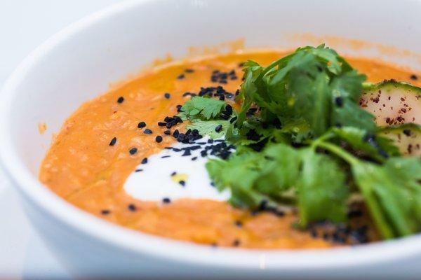 Red Lentil and Red Curry Soup with coconut yogurt