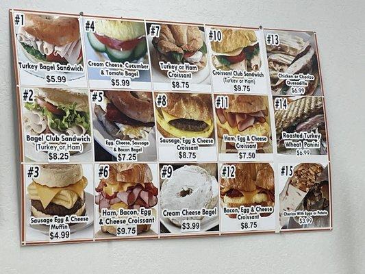 Menu for all the sandwiches