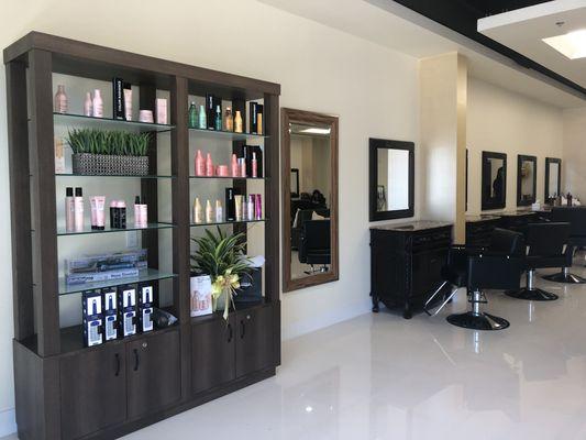 Welcome In! This is our brand new luxury salon with 10 stations, an esti room, and professional products for sale!