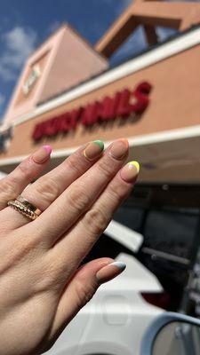 Dip powder nude base + gel color tips on my own nails - no extensions- by Anh!