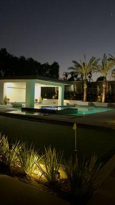 Sunken bar with a flat roof patio cover pool and spa outdoor bathroom