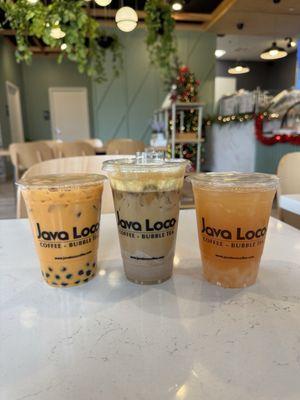 Left to right: Thai Tea with Boba, Iced Irish Cream Brulee Latte, Lychee Lover with Lychee Jelly All Medium Size