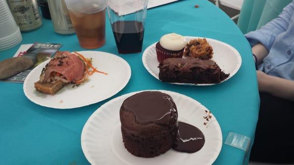 American Cut Pastrami Steak Sandwich on Rye. Duane Park Patisserie Molten Chocolate Cake and Billy's Bakery Assortment.