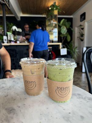 Iced Matcha and iced lavender latte