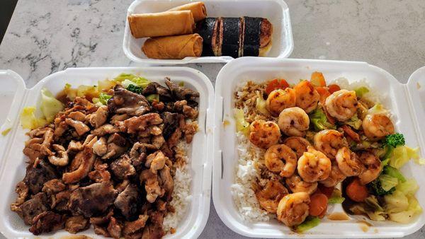 Beef/Chicken Teriyaki Combo, Shrimp Teriyaki, Spring Rolls & a Spam Musubi.