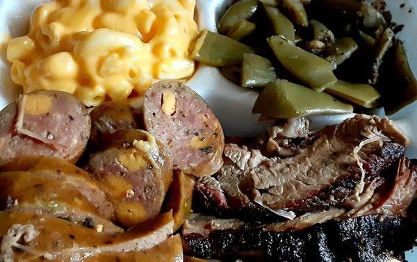 Beef Brisket Spicy Cheddar Sausage Mac & Cheese Green Beans with Bacon 2 Meat Plate