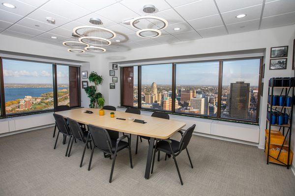 Conference room in the corner of the office, looking out northwest over Lake Erie and the city of Buffalo.