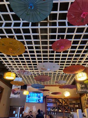 The ceiling decor inside the restaurant!