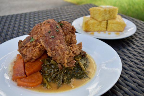 Candied yams, Collard Greens, Fried chicken. Side of Cornbread