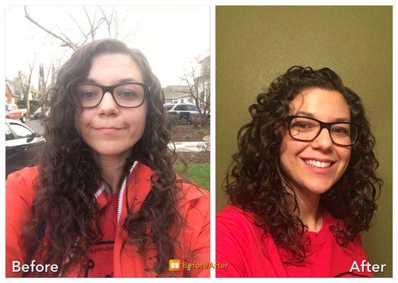 Before and after of my deva cut from Rachel, pardon the weird looks on my face