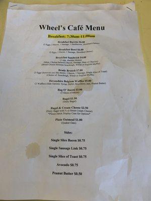 Current breakfast menu (2/15/21)