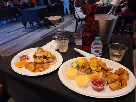 Pulled Duck Benedict & Spicy Shrimp Benedict with champagne