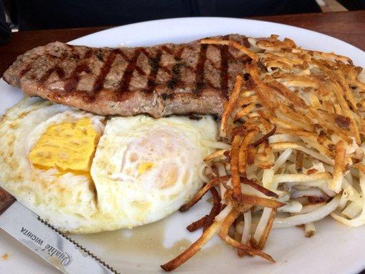 New York steak & eggs. We ordered the steak medium rare which came cooked medium (which we actually wanted anyway).