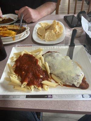 Chicken parm with ziti.