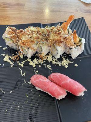 Crunch roll and Toro sushi