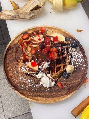 Protein Waffle with red bean banana and strawberry! Top with Nutella! More please!