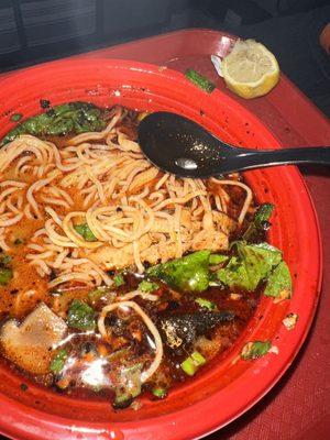 Chicken Tori Paitan (original broth, standard noodles, tonkotsu oil, shoyu, medium chili oil) love the udon noodles