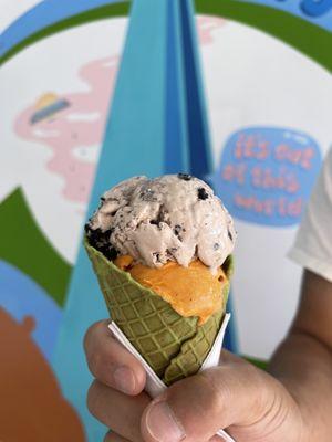 Half/half- Nutella cookies n cream with Thai tea on pandan cone