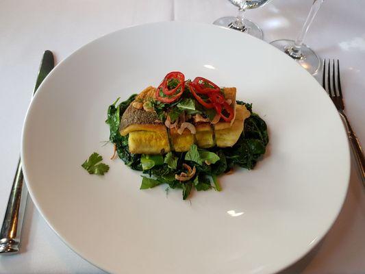 Branzino "Cha Ca" with vermicelli noodles, turmeric, scallion, peanut, fish sauce - lime seasoning. 2020 09 16.