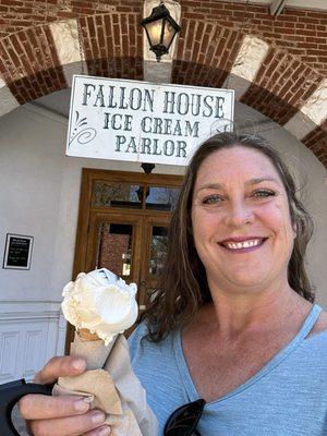 Bunny Tracks ice cream on a sugar cone with a giant smile on my face