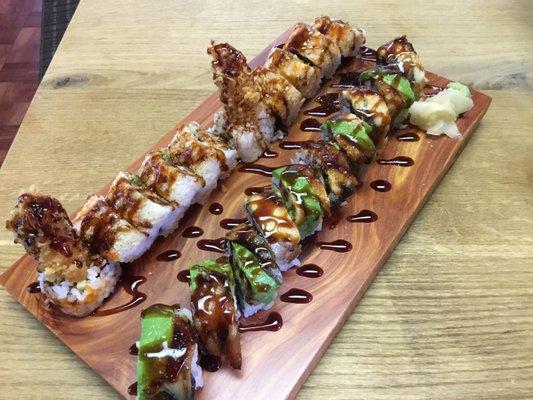 10 pc Jumbo shrimp tempura roll ($13) and 10 pc Dragon roll ($14)