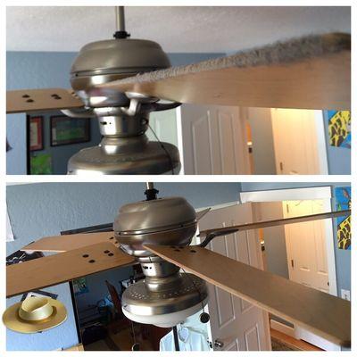 Before and After of a customer's fan. This dust builds up and spreads all over the room when running! We make sure to wipe down all fans.