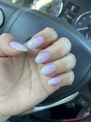 Dip ombre w/ glitter pink & a bow sticker on top