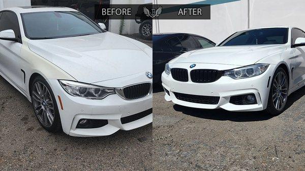 Before & After BMW 428I collision repair with refreshed black grill and reflectors