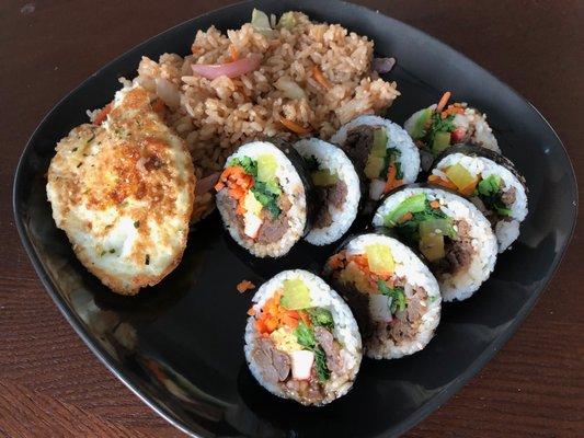 Bulgogi beef kimbap and veggie fried rice