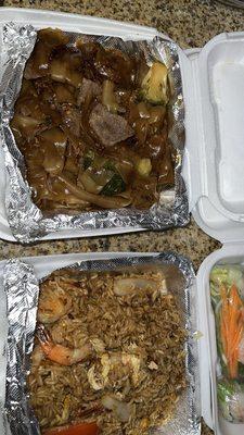 Pad See Ew with beef and fried rice with shrimp.