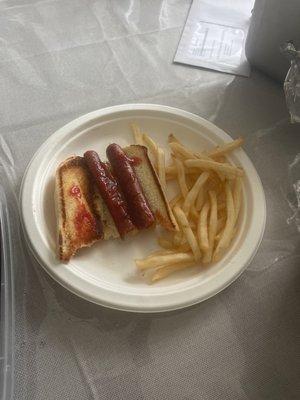 Hot dog with soggy bland fries. I have to add ketchup at home.