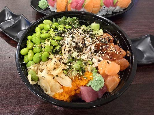 Large Poke Bowl with tuna, salmon, and spicy tuna