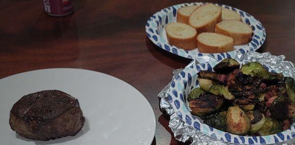 Bread from Cypress Farmers Market Meat/Brussel sprouts from The Meat Market in Los Al.