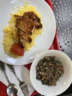 Quinoa salad, chicken, and rice