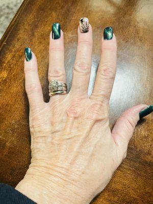 2nd hand, one finger painted spider web/spider (former nail tech) Li Ly is amazing!! - Cat Eye Nails Forest Green-10/30/2024