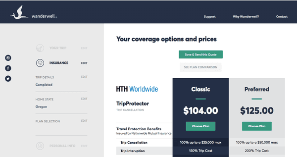 Intuitive travel insurance shopping experience in desktop.